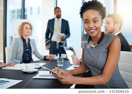 Woman, lawyer and tablet in portrait at meeting for negotiation, smile and legal career. Attorney, advocate and person with digital touchscreen, case and happy in office at corporate law firm Woman, lawyer and tablet in portrait at meeting for negotiation, smile and legal career. Attorney, advocate and person with digital touchscreen, case and happy in office at corporate law firm 142006628