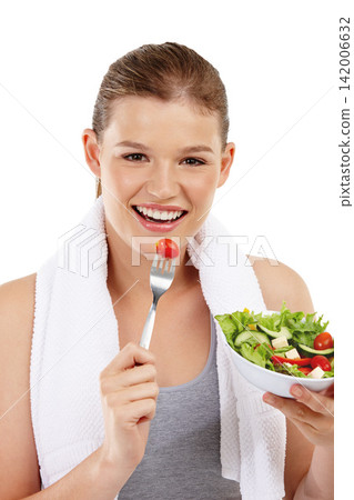 Healthy, salad and portrait, girl and studio for eating, white background and wellness of vitamin c. Health, benefits and vegetables for nutrition, female person and smile for happiness and diet Healthy, salad and portrait, girl and studio for eating, white background and wellness of vitamin c. Health, benefits and vegetables for nutrition, female person and smile for happiness and diet 142006632