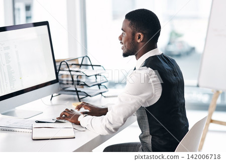 Business man, finance and computer screen for spreadsheet analysis of company revenue, profit or sales. Accountant, auditor or bookkeeping worker typing on office desktop with numbers or stats report Business man, finance and computer screen for spreadsheet analysis of company revenue, profit or sales. Accountant, auditor or bookkeeping worker typing on office desktop with numbers or stats report 142006718