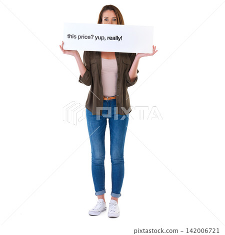 Woman, portrait and sale poster for discount prices on white background, promoting or shopping. Female person, billboard and savings announcement in studio for launch sign, mockup space or cardboard Woman, portrait and sale poster for discount prices on white background, promoting or shopping. Female person, billboard and savings announcement in studio for launch sign, mockup space or cardboard 142006721