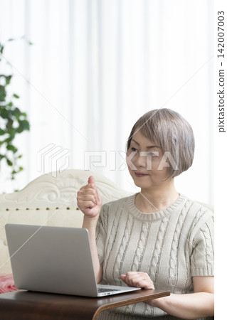 Senior woman using a computer in the living room Senior woman using a computer in the living room 142007003