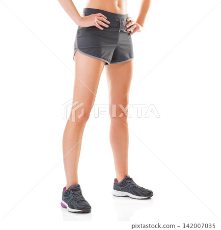 Fitness, workout and legs of woman on a white background for marathon training, exercise and running. Sports, athlete and isolated person in sneakers for wellness, health and performance in studio Fitness, workout and legs of woman on a white background for marathon training, exercise and running. Sports, athlete and isolated person in sneakers for wellness, health and performance in studio 142007035