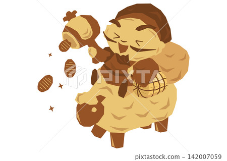 Wood carving-style vector illustration of Daikoku-san and a sheep, a lucky charm. Wood carving-style vector illustration of Daikoku-san and a sheep, a lucky charm. 142007059