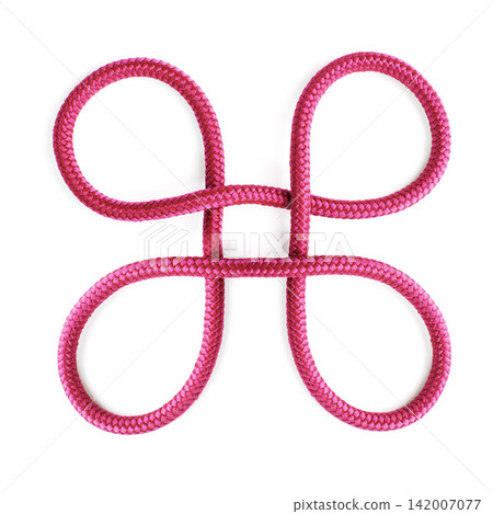 Square shape, ties or loop of ropes and material on white background in studio for security. Pink, cords and abstract sign of embroidery design with cable together for bowen knot, gear tool or safety Square shape, ties or loop of ropes and material on white background in studio for security. Pink, cords and abstract sign of embroidery design with cable together for bowen knot, gear tool or safety 142007077