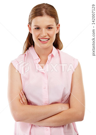 Girl, arms crossed and smiling in studio portrait for confidence, style and fashion in smart casual shirt. Female person, happy and relaxed on white background for work clothes or professional wear Girl, arms crossed and smiling in studio portrait for confidence, style and fashion in smart casual shirt. Female person, happy and relaxed on white background for work clothes or professional wear 142007129