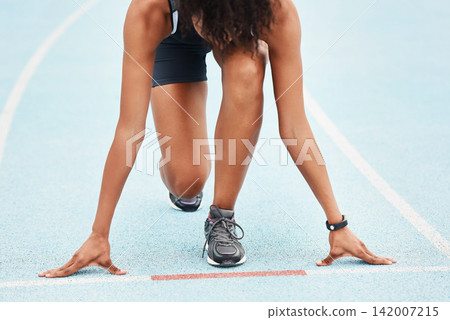 Runner, fitness and woman athlete at start on track, outdoor and exercise for sports competition. Race, kneel position and field cardio event for female person, workout and sprint for run training Runner, fitness and woman athlete at start on track, outdoor and exercise for sports competition. Race, kneel position and field cardio event for female person, workout and sprint for run training 142007215