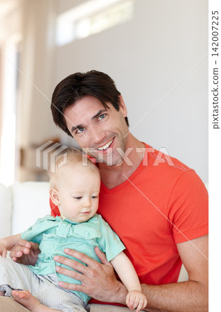 Father, toddler and hug on couch portrait, love and bonding for child development in home. Happy daddy, boy and embrace for affection or single parent, comfort and security in connection on sofa Father, toddler and hug on couch portrait, love and bonding for child development in home. Happy daddy, boy and embrace for affection or single parent, comfort and security in connection on sofa 142007225