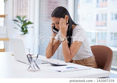 Woman, phone call and stress in office for of problem solving, cash flow management or professional planning. Female person, talking or contact with client for b2b, customer support and communication Woman, phone call and stress in office for of problem solving, cash flow management or professional planning. Female person, talking or contact with client for b2b, customer support and communication 142007259