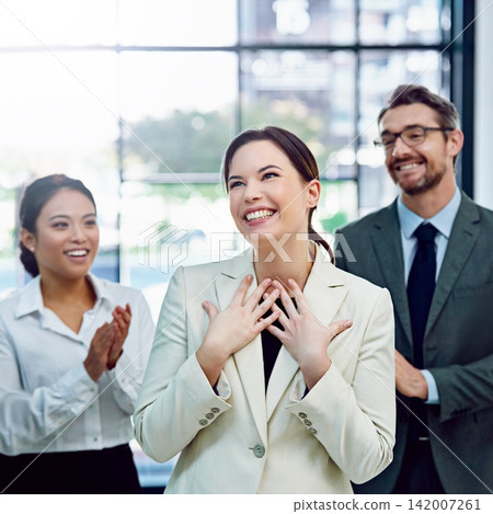 Applause, gratitude and business woman with team in office for good news, achievement or goal. Happy, pride and group of financial advisors clapping hands for confident female person in workplace. Applause, gratitude and business woman with team in office for good news, achievement or goal. Happy, pride and group of financial advisors clapping hands for confident female person in workplace. 142007261