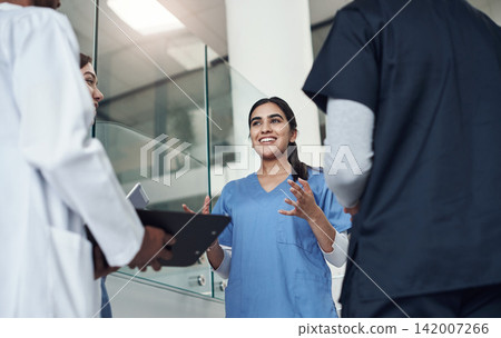 Low angle nurse, doctors and discussion with clipboard, results and talk for health and medicine. Team, hospital and planning for medical, help and life insurance with communication and collaboration 142007266
