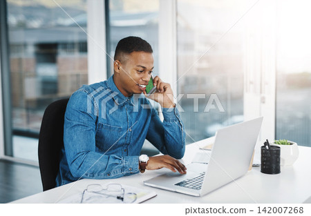 Phone call, business and black man with laptop in office for conversation, networking or negotiating deal. Lens flare, mobile and happy consultant for discussion, talking or feedback on project Phone call, business and black man with laptop in office for conversation, networking or negotiating deal. Lens flare, mobile and happy consultant for discussion, talking or feedback on project 142007268