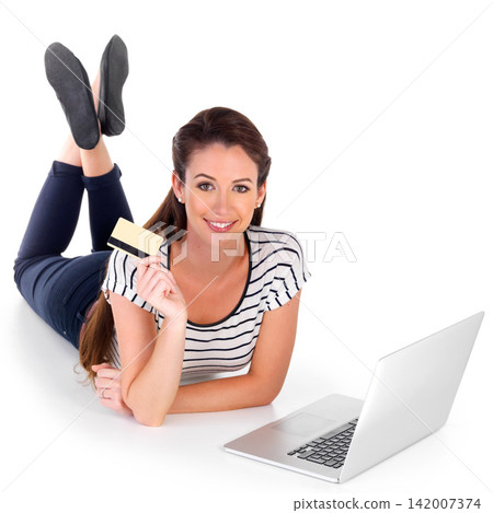 Studio, woman and credit card with laptop for payment in online shopping, deal or sale on website. Female person, ecommerce and fintech with smile on white background for promo, purchase and service Studio, woman and credit card with laptop for payment in online shopping, deal or sale on website. Female person, ecommerce and fintech with smile on white background for promo, purchase and service 142007374
