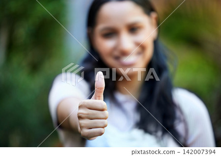 Hand, woman with thumbs up and agreement for success or support, feedback or review with deal outdoor. Praise, pride and excellence with promotion, yes or like emoji with OK, vote and subscribe Hand, woman with thumbs up and agreement for success or support, feedback or review with deal outdoor. Praise, pride and excellence with promotion, yes or like emoji with OK, vote and subscribe 142007394