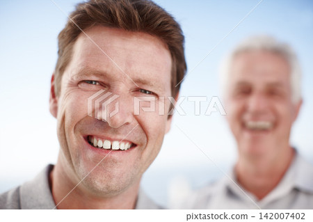 Man, senior dad and outdoor for portrait with smile, blur and love on vacation for family bonding. Elderly father, son and happy together with nature, sunshine and connection on holiday in Australia 142007402