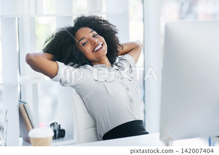 Finish, portrait or happy businesswoman in office to relax for task achievement, good news or success. End, computer or consultant daydreaming with smile for resting, calm peace or stretching arms Finish, portrait or happy businesswoman in office to relax for task achievement, good news or success. End, computer or consultant daydreaming with smile for resting, calm peace or stretching arms 142007404
