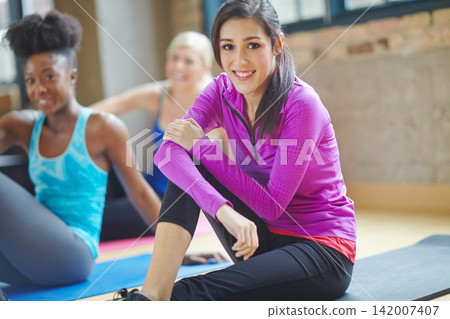 Portrait, woman and happy with class in gym for cardio exercise, morning routine and support. Fitness, ready and female person with smile for collaboration, training and workout at health club 142007407
