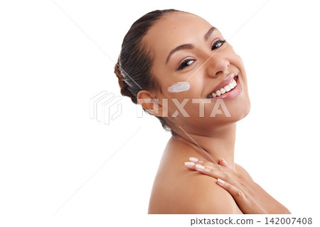 Happy woman, portrait and skincare with cream for beauty or moisturizing on a white studio background. Face of female person, brunette or model with smile for anti aging, lotion or SPF in dermatology Happy woman, portrait and skincare with cream for beauty or moisturizing on a white studio background. Face of female person, brunette or model with smile for anti aging, lotion or SPF in dermatology 142007408