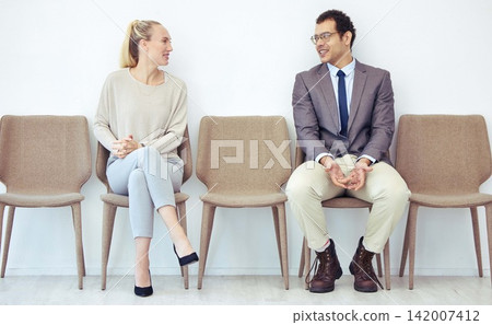 Conversation, row and people for business interview and waiting for meeting with hr, communication and talking. Man, woman and sitting for recruitment or hiring by corporate company and appointment. 142007412