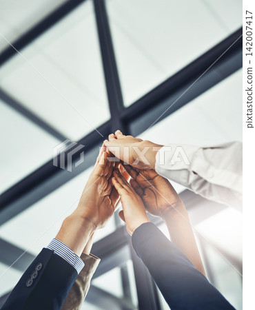 Hands, high five and winner with business people in office from below for celebration of goals or target. Collaboration, motivation and success with employee team in workplace for achievement 142007417