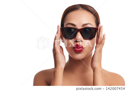 Studio, pout and woman with sunglasses for fashion, makeup and beauty with mockup. Female model, cosmetics and red lips for self care by white background, cool and smooth results with backdrop Studio, pout and woman with sunglasses for fashion, makeup and beauty with mockup. Female model, cosmetics and red lips for self care by white background, cool and smooth results with backdrop 142007454
