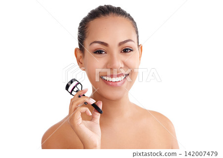 Woman, portrait and eyelash curler in studio for beauty treatment or makeup, white background or mockup space. Female person, smile and cosmetic or metal tool as aesthetic product, skincare or lashes Woman, portrait and eyelash curler in studio for beauty treatment or makeup, white background or mockup space. Female person, smile and cosmetic or metal tool as aesthetic product, skincare or lashes 142007479