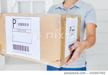 Person, delivery and box for ecommerce logistics or shipping service for distribution, returns or export. Hands, order and online shopping parcel for supply chain or import cargo, courier or package 142007482