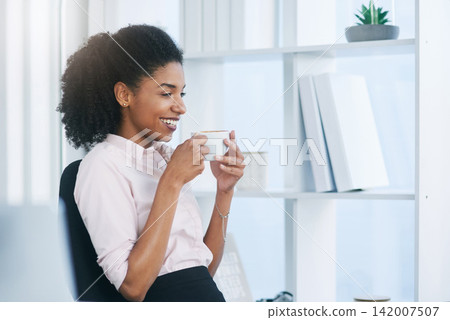 Thinking, business and woman with coffee, relax and corporate professional with smile, aroma and smelling. Insurance agent, employee and consultant with morning tea, peace and cappuccino in workplace Thinking, business and woman with coffee, relax and corporate professional with smile, aroma and smelling. Insurance agent, employee and consultant with morning tea, peace and cappuccino in workplace 142007507