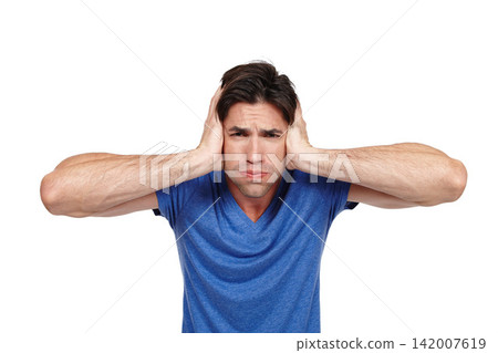 Frustrated, portrait or man with hands on ears in studio and angry with noise, news or sensitive hearing on white background. Anxiety, stress and male model face with stop, loud or deaf emoji gesture Frustrated, portrait or man with hands on ears in studio and angry with noise, news or sensitive hearing on white background. Anxiety, stress and male model face with stop, loud or deaf emoji gesture 142007619