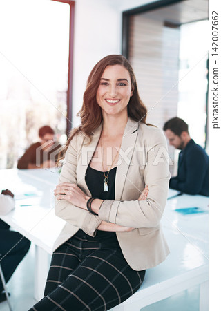 Executive woman, leadership and portrait in office with pride for ideas, teamwork and career opportunity. Boss, corporate and face of female lawyer in workplace for law, confidence and collaboration Executive woman, leadership and portrait in office with pride for ideas, teamwork and career opportunity. Boss, corporate and face of female lawyer in workplace for law, confidence and collaboration 142007662