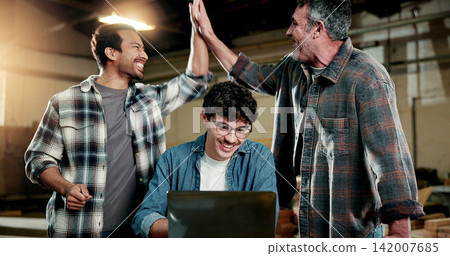 Carpenter, workshop and men on laptop high five for success, production schedule and report. Construction, team and happy people on computer for goals, good news and woodworking for timber business Carpenter, workshop and men on laptop high five for success, production schedule and report. Construction, team and happy people on computer for goals, good news and woodworking for timber business 142007685