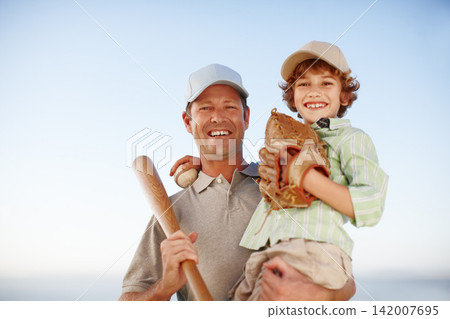 Father, child and baseball at beach with smile in portrait for, game and hug with love on holiday. Family, dad and boy with bat, glove and ball for sports, learning of embrace for fitness at field Father, child and baseball at beach with smile in portrait for, game and hug with love on holiday. Family, dad and boy with bat, glove and ball for sports, learning of embrace for fitness at field 142007695