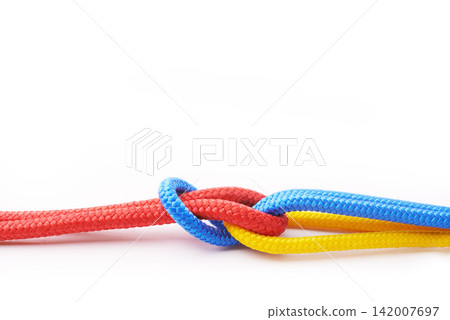 Rope, teamwork and collaboration in white studio background for abstract, knot or connection. Security, cables or community thread together in business with color for diversity, inclusion or building Rope, teamwork and collaboration in white studio background for abstract, knot or connection. Security, cables or community thread together in business with color for diversity, inclusion or building 142007697