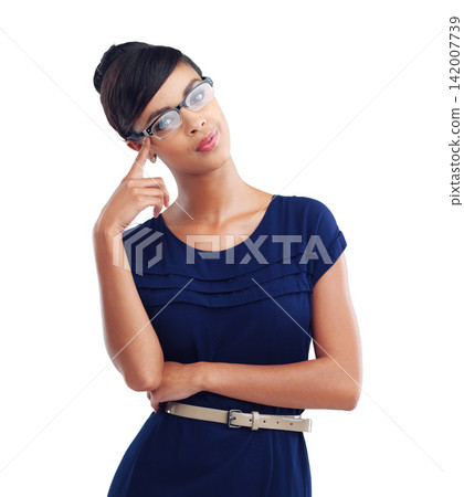 Business, woman and portrait of secretary in studio, white background or thinking in mockup space. Professional, planning and worker with doubt review info for decision, choice or remember ideas 142007739