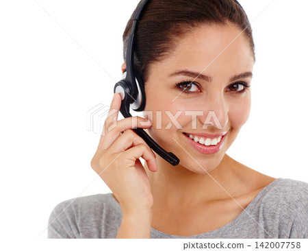 Portrait, smile and woman with headphones, call center and telemarketing consultant isolated on a white studio background. Face, person and insurance agent with headset and customer support service Portrait, smile and woman with headphones, call center and telemarketing consultant isolated on a white studio background. Face, person and insurance agent with headset and customer support service 142007758