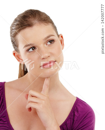 Studio, thinking and girl contemplating decision, planning ideas and problem solving solution. Female teenager, pensive and thoughtful by white background, question or strategy for answer or choice 142007777