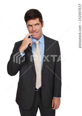 Anxiety, businessman and nail biting, in portrait with stress, thinking and problem solving for debt in studio. Confused, man or worker and idea for mental health isolated on white background Anxiety, businessman and nail biting, in portrait with stress, thinking and problem solving for debt in studio. Confused, man or worker and idea for mental health isolated on white background 142007837