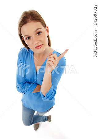 Top view, pointing and portrait of girl in studio for college registration, notification or information with white background. Show, student or gen z model for university guide, advice or decision Top view, pointing and portrait of girl in studio for college registration, notification or information with white background. Show, student or gen z model for university guide, advice or decision 142007928