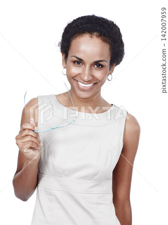 African woman, business and portrait in studio for career confidence and happy with reading glasses. Face of author, writer or editor in publishing job and project opportunity on white Background African woman, business and portrait in studio for career confidence and happy with reading glasses. Face of author, writer or editor in publishing job and project opportunity on white Background 142007959