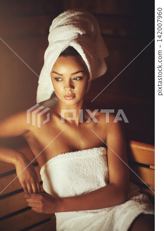 Woman, relax and hotel spa sauna with towel for self care, hospitality and skincare or beauty. Female person, steam room or natural detox at wellness club for therapy, mindfulness or dermatology Woman, relax and hotel spa sauna with towel for self care, hospitality and skincare or beauty. Female person, steam room or natural detox at wellness club for therapy, mindfulness or dermatology 142007960