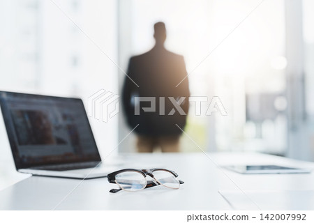 Business, silhouette and man with glasses, laptop and sunshine with corporate professional, financial adviser and accountant. Person, employee and broker with computer, eyewear and economic analyst Business, silhouette and man with glasses, laptop and sunshine with corporate professional, financial adviser and accountant. Person, employee and broker with computer, eyewear and economic analyst 142007992