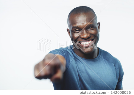 Happy, portrait and black man pointing to you with fitness for sign up, join or opportunity on a white studio background. Face of young African or male person with smile for selection, choice or pick Happy, portrait and black man pointing to you with fitness for sign up, join or opportunity on a white studio background. Face of young African or male person with smile for selection, choice or pick 142008036