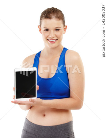 Fitness, showing and girl with tablet, portrait and sportswear for exercise, studio and training. White background, technology and internet for young woman, smile and wellness, mockup space and gym Fitness, showing and girl with tablet, portrait and sportswear for exercise, studio and training. White background, technology and internet for young woman, smile and wellness, mockup space and gym 142008037