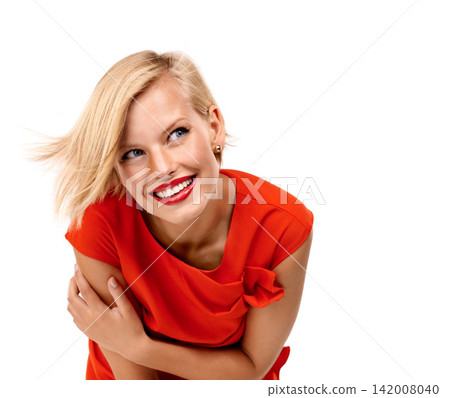 Woman, smile and thinking in studio with fashion or beauty accessories, red lipstick or white background. Female person, happiness and thoughts in Australia with style or mockup, elegant or classy Woman, smile and thinking in studio with fashion or beauty accessories, red lipstick or white background. Female person, happiness and thoughts in Australia with style or mockup, elegant or classy 142008040