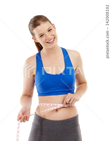 Portrait of woman, smile and measuring tape in studio for measurement, happy and excited for results of diet. Female person, body and care for calories target, weight loss and white background Portrait of woman, smile and measuring tape in studio for measurement, happy and excited for results of diet. Female person, body and care for calories target, weight loss and white background 142008102