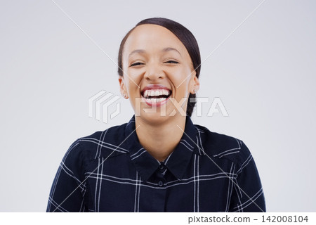 Portrait, funny and happy woman laughing in studio isolated on a white background space. Face, comedy and smile of model in casual clothes for fashion with comic expression or excited in Brazil Portrait, funny and happy woman laughing in studio isolated on a white background space. Face, comedy and smile of model in casual clothes for fashion with comic expression or excited in Brazil 142008104