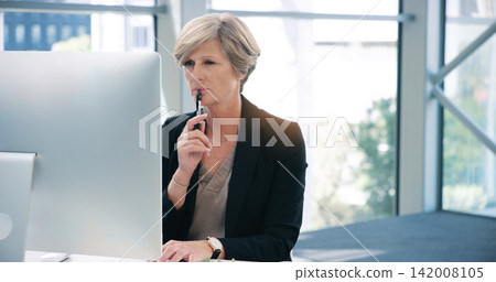 Business, thinking and senior woman with computer, ideas and online reading for project and planning. Employee, lawyer and attorney with pc and problem solving with solution and decision with choice Business, thinking and senior woman with computer, ideas and online reading for project and planning. Employee, lawyer and attorney with pc and problem solving with solution and decision with choice 142008105