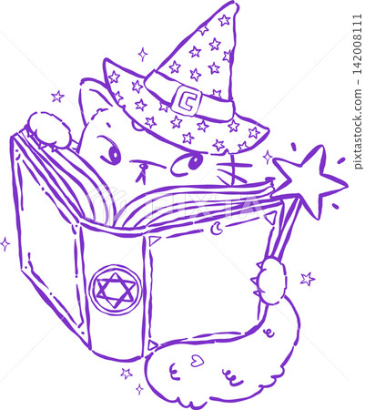 Outline Bookish Halloween Witch Cat Reading Spell Book with Wand Hand Drawn Illustration Outline Bookish Halloween Witch Cat Reading Spell Book with Wand Hand Drawn Illustration 142008111