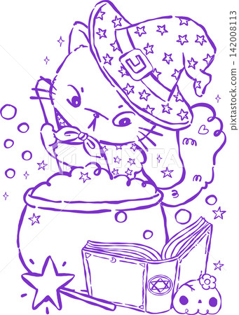 Kawaii Halloween Witch Cat Outline Reading Book, Brewing Potion Hand Drawn Illustration 142008113