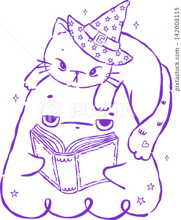 Cute Halloween Ghost Outline Reading Book with Witch Cat Hand Drawn Illustration 142008115