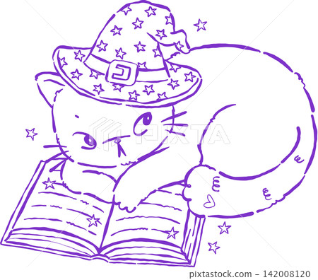Halloween Witch Cat Outline Reading Magic Book Hand Drawn Illustration Halloween Witch Cat Outline Reading Magic Book Hand Drawn Illustration 142008120